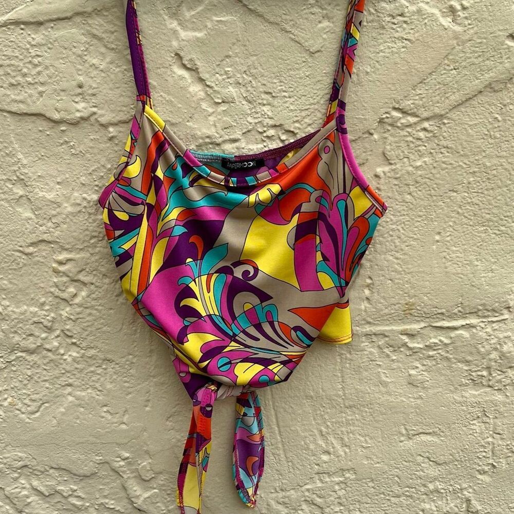 Papermoon Retro 70s Swirl Spaghetti Strap Cami Tank Tie front psychedelic sz M